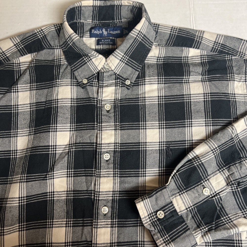 Polo Ralph Lauren Shirt Mens LARGE Black Plaid Lightweight Flannel Blake Brushed